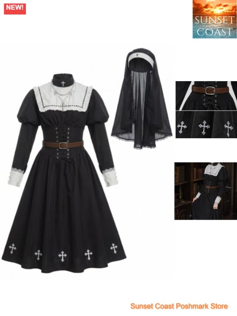 Nun Costume Gothic Halloween Dress Headscarf Necklace Belt Polyester